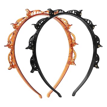 2 PCS Headband with Clips, Bangs Hairstyle Butterfly Clip Headband, Professional Weave Bangs Clip, Double Layer Toothed Hairband Braid Tool for Women Girls Hair Styling Accessories Black & Brown