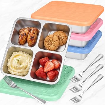SelfTek Stainless Steel Snack Containers 4 Pack with Individual Sealed Lids & 4 Forks - 4 Compartment stainless steel bento box, Leakproof Reusable, for Lunch, Travel, Outdoor Activities
