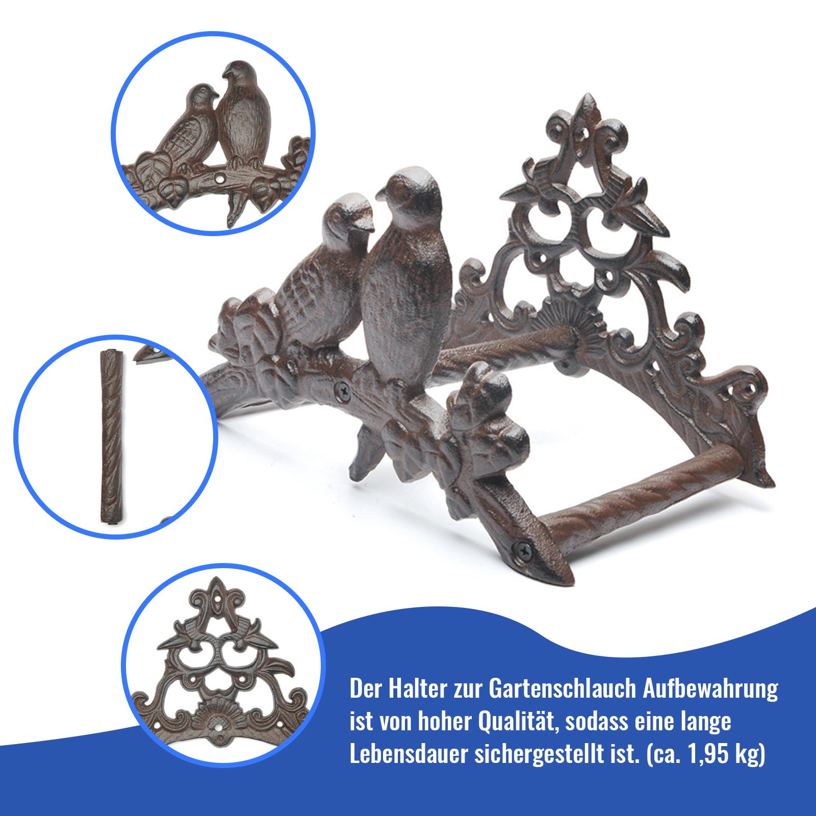 Vogel uchwyt na wąż żeliwny – metalowy uchwyt ścienny do węża ogrodowego (25,5 x 14 x 17,5 cm) – dekoracyjny uchwyt ogrodowy z hakami montażowymi, dla miłośników ogrodów