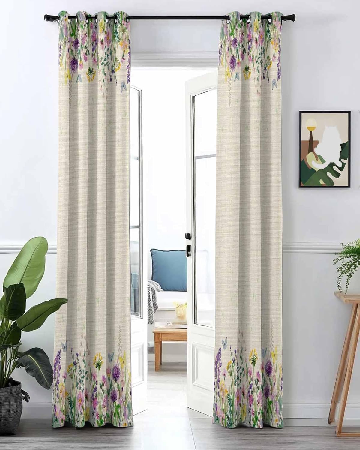 Spring Plants Blackout Door Curtain 78 Inches Long for Bedroom, Thermal Insulated Grommet Black Out Curtains Burlap Background Watercolor Flower Room Darkening Closet Curtain for Doorway Dorm