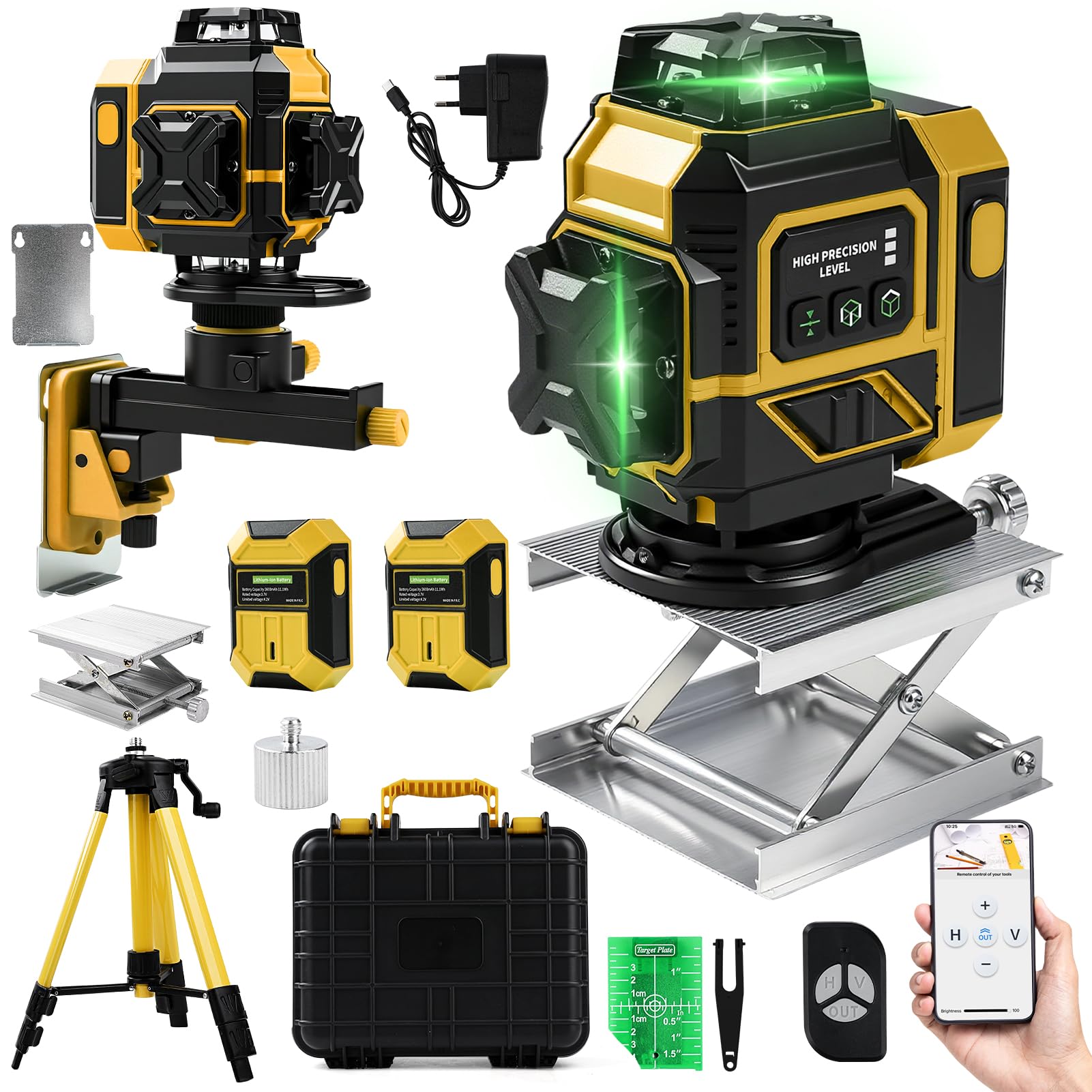 Nivel Laser Autonivelante 16 líneas 360 Grados, 4 x 360 Láser de línea con Trípode, Plataforma Elevadora y Soporte de Pared, Batería, Control Remoto, láser Cruzado Uso Interior y Exterior, amarillo