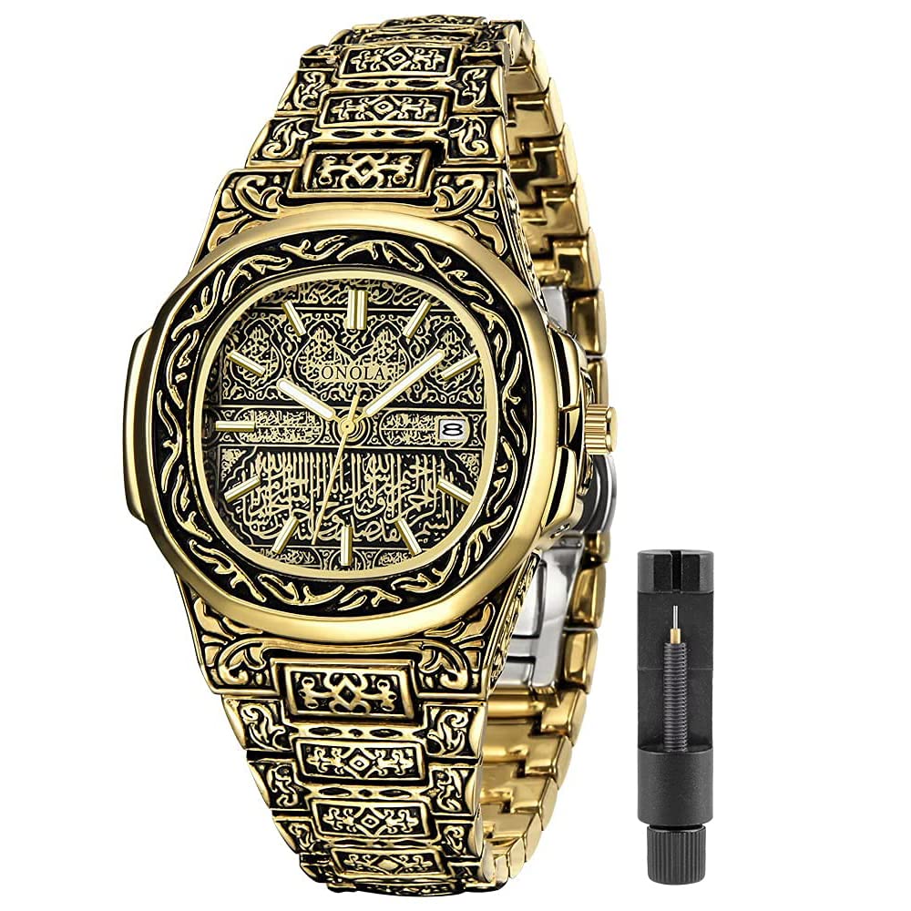 Retro Men’s Quartz Watches with Tattoo Pattern Carved Stainless Steel Bracelet Calendar Waterproof Wrist Watch (ON3808-Gold)