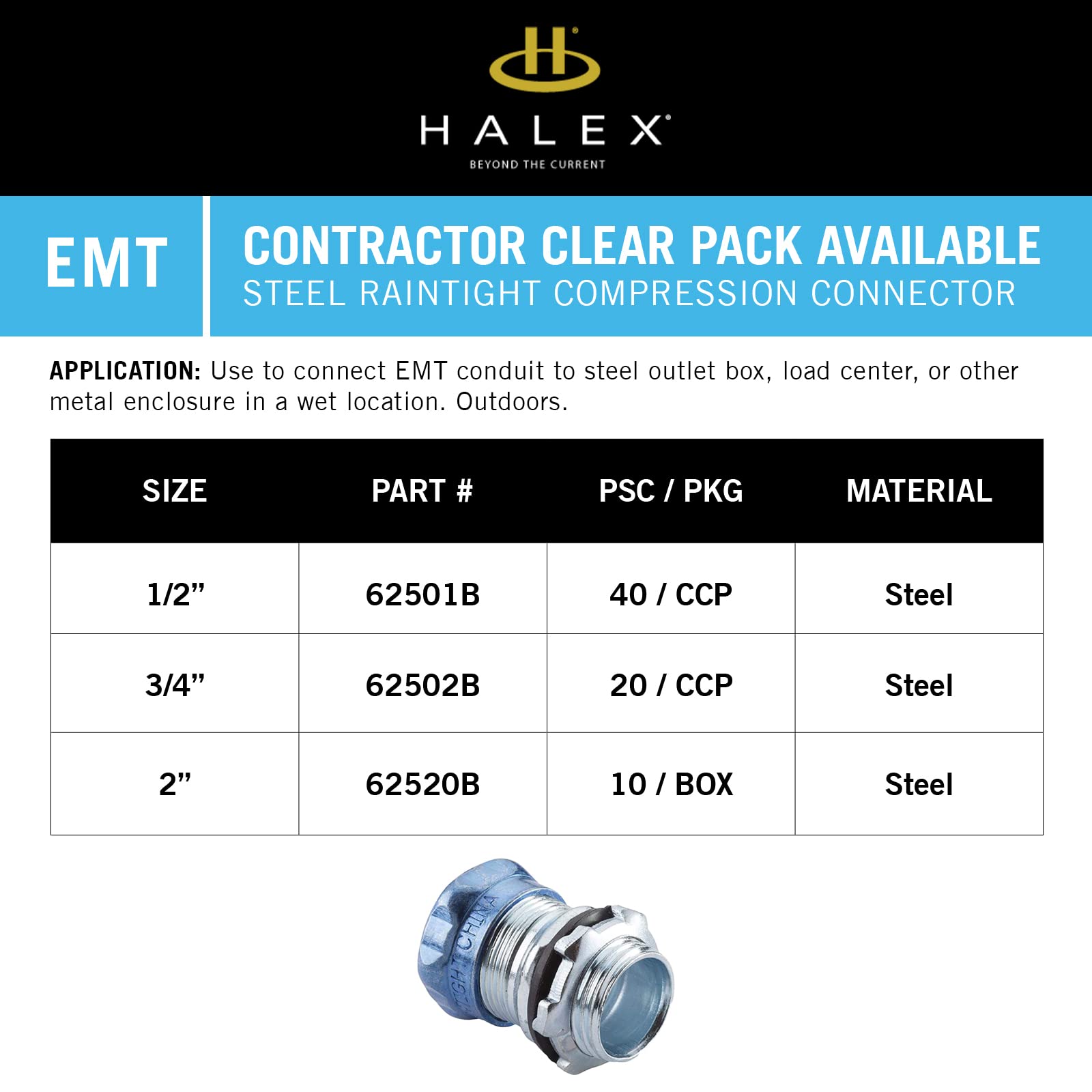 Halex 62502B - Conector de compresión de acero (3/4 pulgadas), color plateado