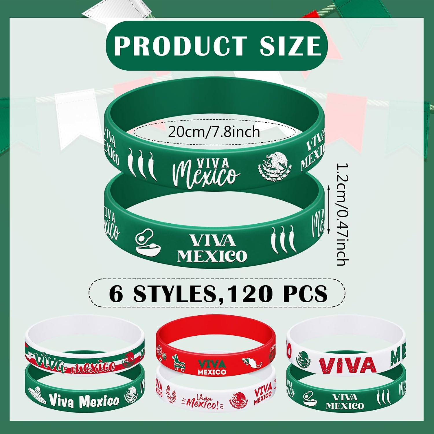 Siifert 120 Pcs Viva Mexico Silicone Bracelets Bulk Independence Day Party