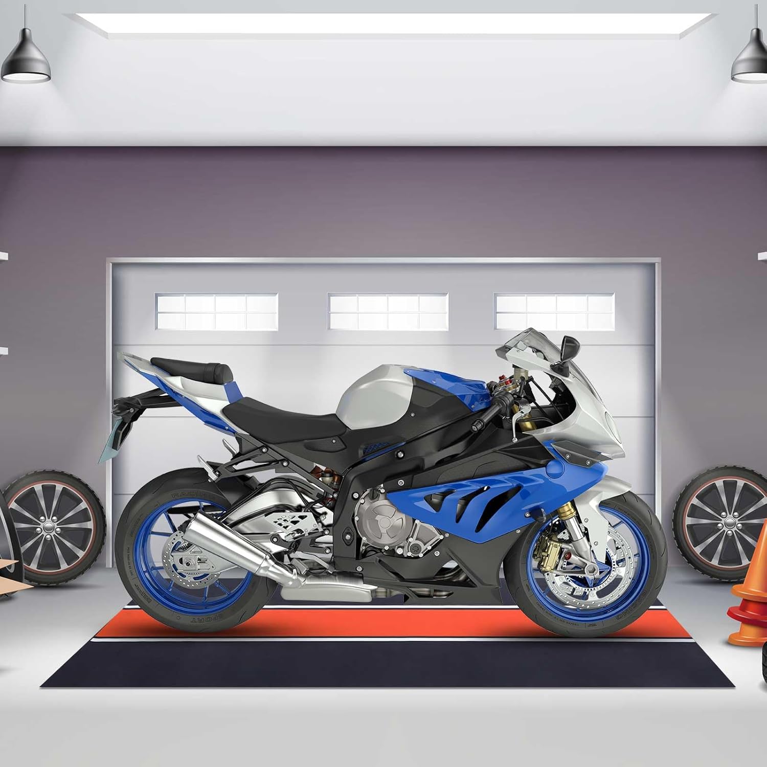Motorcycle Mat Garage Floor Rug Washable Parking Mats for Garage Floors Non Slip Oil Absorbent Pad Rubber Backing Layer Protects Floor from Spills Drips(78 x 31 Inch, Stripe Style)