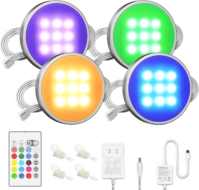 Under Cabinet Lighting, MYPLUS 4 Led Puck Lights Kit with Remote Control Color Change,12V Cabinet Lights, 16 Single Color and 4 Dynamic Mode for Kitchen Cupboard, Counter and Shelf