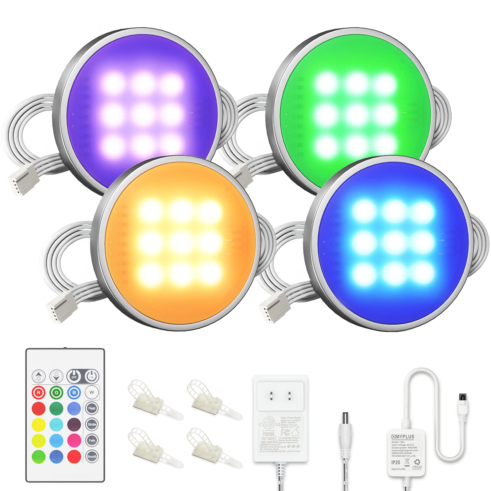 MYPLUS RGB Under Cabinet Lighting, Led Puck Lights with Remote Control Color Changing and Dimmable, Plug-in Wired Kitchen Counter Lights for Cabinet, Counter, Closet, Shelf, Display Case