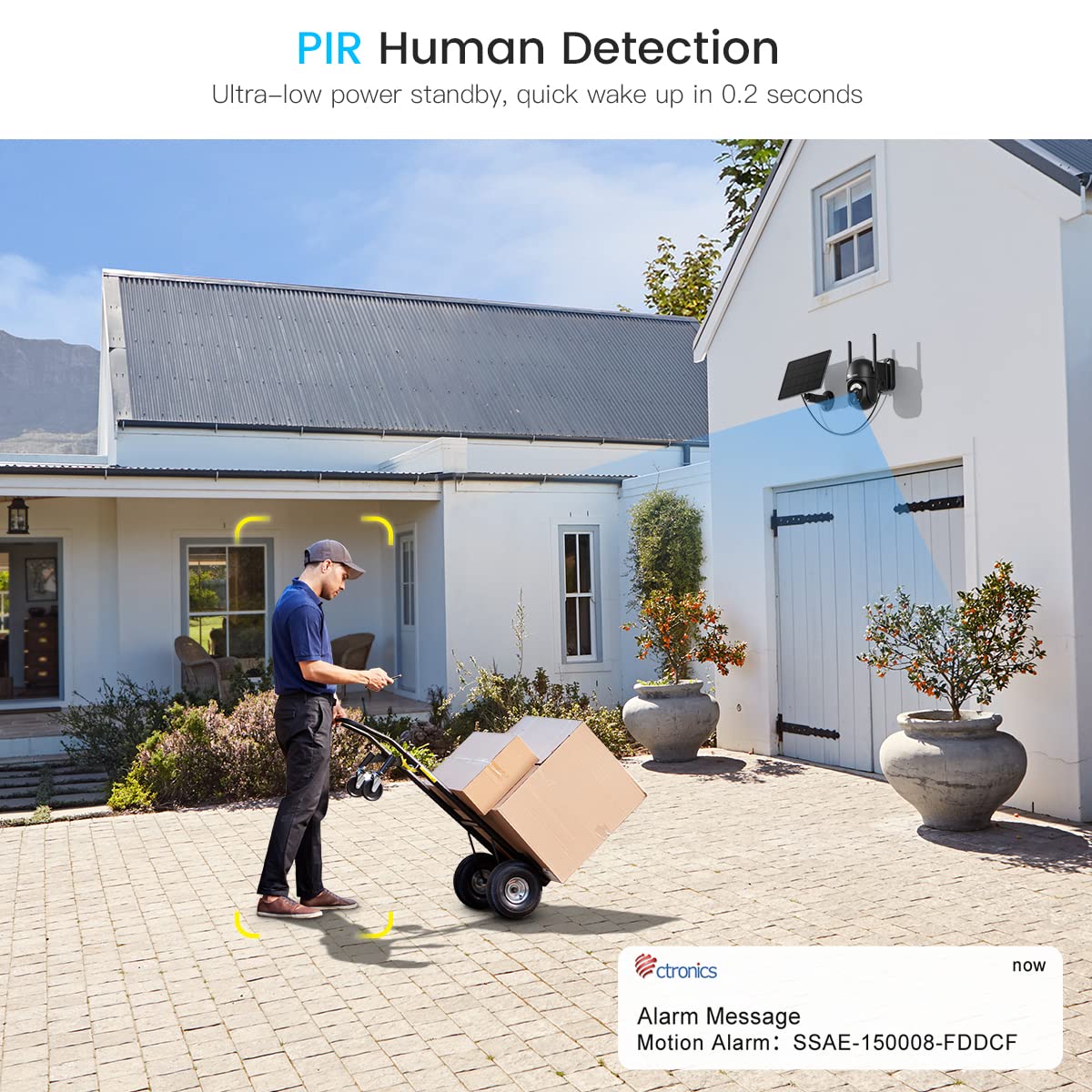 Ctronics 2K Caméra Surveillance WiFi Extérieur Solaire, 360°PTZ IP Caméra de Surveillance sans Fil sur Batterie 2304X1296P Vision Nocturne Couleur PIR Détection Humaine Audio Bidirectionnel IP66 | 360° PTZ, 2304×1296P, Vision Nocturne Couleur, PIR Détecti