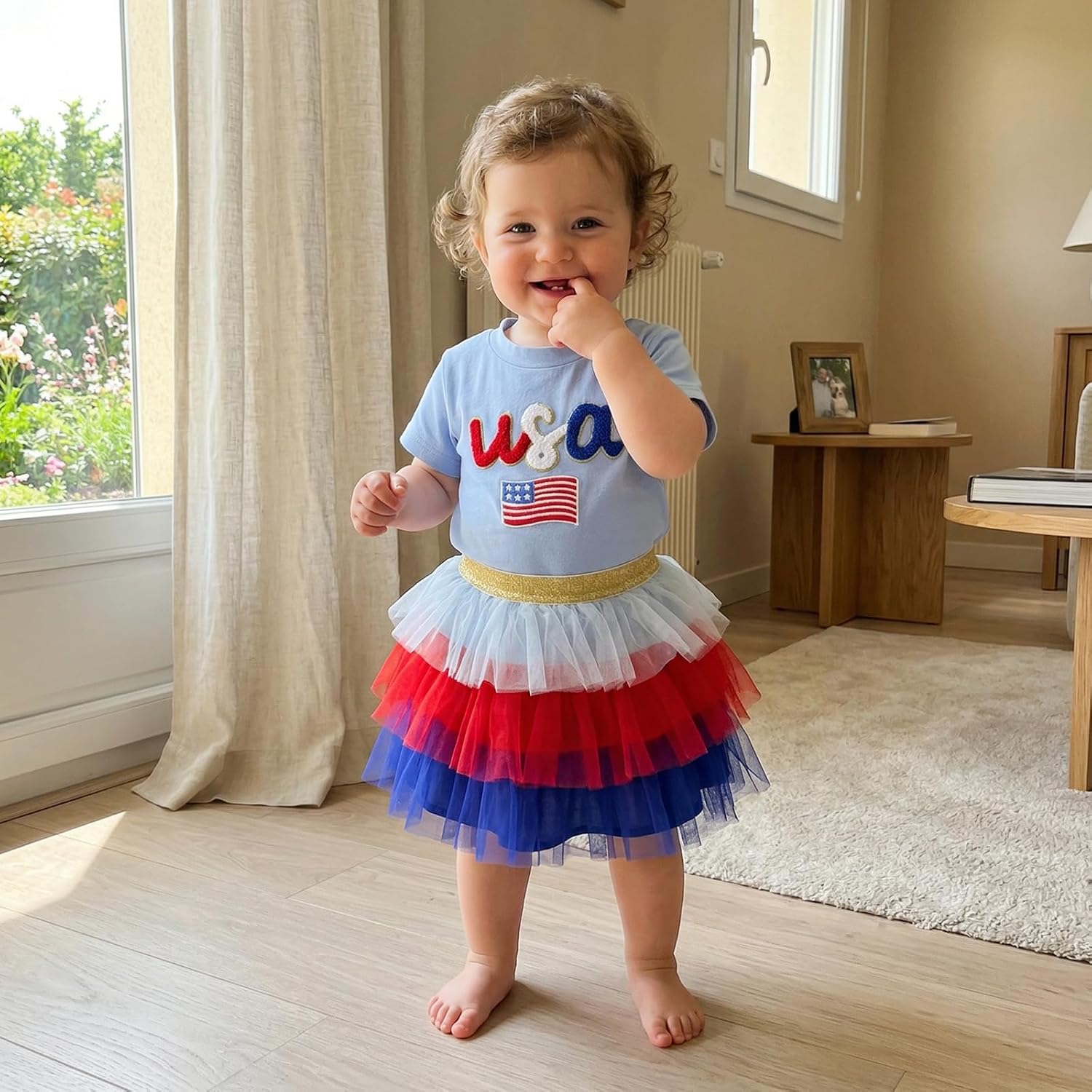 Little Girl 4th of July 2 Piece Outfit American Flag Short Sleeve T-shirt and Contrast Layered Tulle Skirts Set