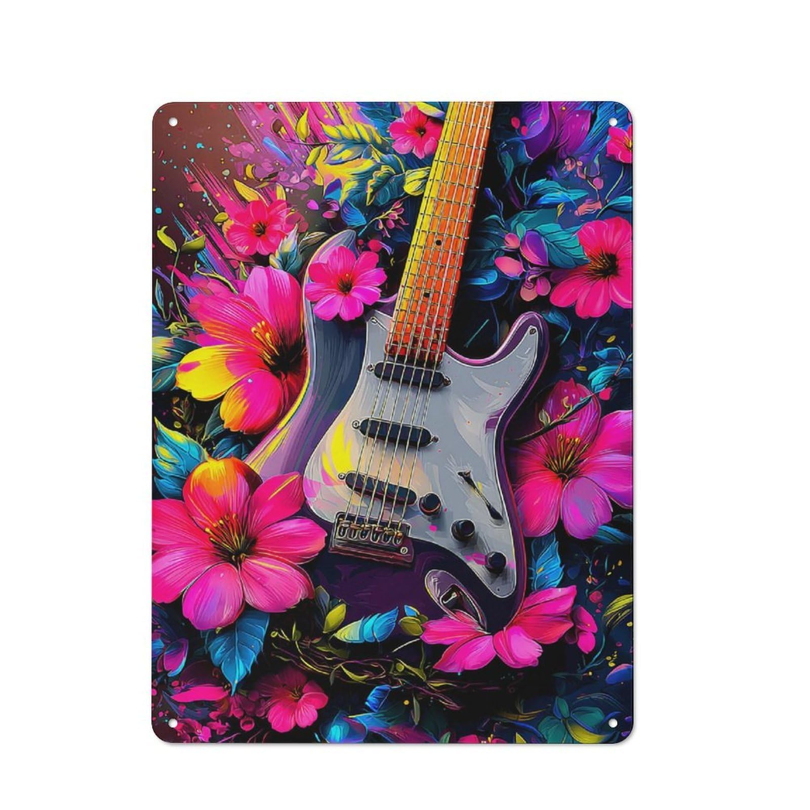 Decorative Tin Plaque with Floral Fusion Guitar Artwork Design 40x30cm, Classic Novelty Wall Art for Flat, Dorm Room, Lounge Or Cafe