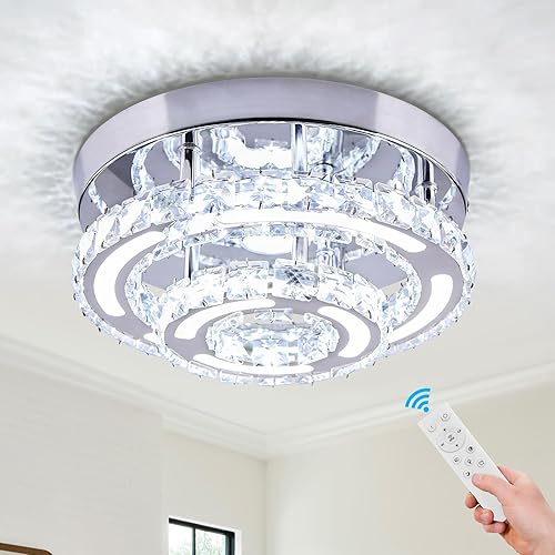 CXGLEAMING Candelabro pequeño de cristal de 11.4 pulgadas, moderno montaje empotrado, lámpara LED redonda con control remoto para dormitorio,