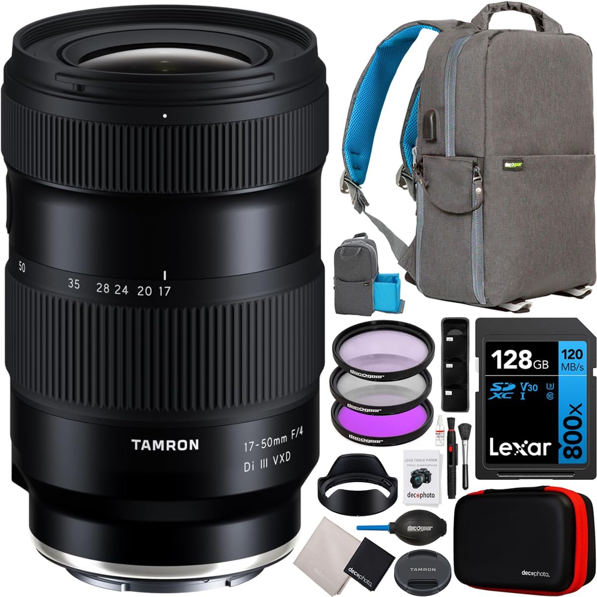 Tamron 17-50mm F/4 Di III VXD Lens for Sony E-Mount Full Frame Mirrorless Cameras (Model A068) Bundle with Deco Gear Photography Backpack + Filter Kit + 128GB Card + Photo Video Accessories