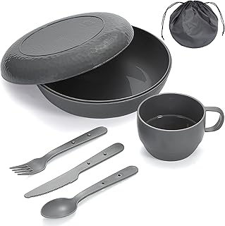 Berglander Kit de Repas de Camping avec Bol, Assiette, Tasse, Couverts et Sac de Transport, Accessoires de Camping en Plastique, Légers et Faciles à Transporter