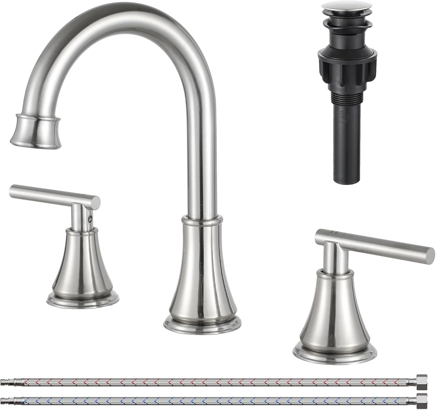 COMLLEN Brushed Nickel Bathroom Faucet 3 Hole Vanity,360 Degree Rotating Spout, 2 Handle 360° Swivel Matte Black 8 Inch Widespread Bathroom Sink Faucet 3 Holes, with Pop-up Drain, Supply Lines