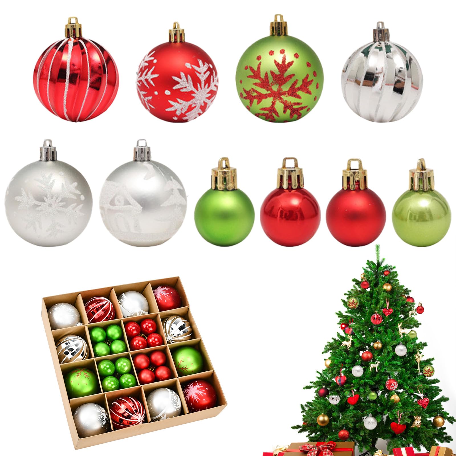 44 PCS Bolas de Navidad de Plástico Bolas de Navidad Inastillables Bolas Colgantes de Navidad Bolas para Árbol de Navidad Adornos de Bola de Navidad Bola de Decoración Navideña Rojo Verde Plata