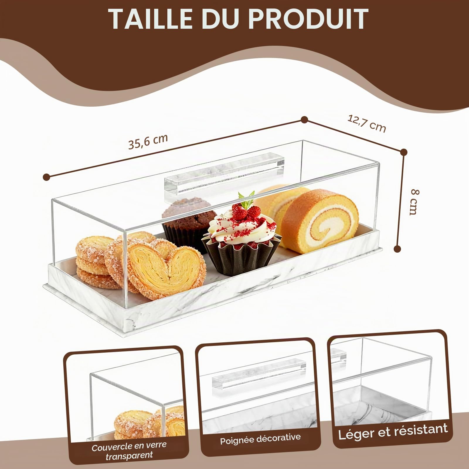 Plateau à gâteau rectangulaire en acrylique avec couvercle | Présentoir transparent pour pâtisserie, porte-dessert, rangement de gâteaux pour fête, maison, thé, fruits, fromage, blanc
