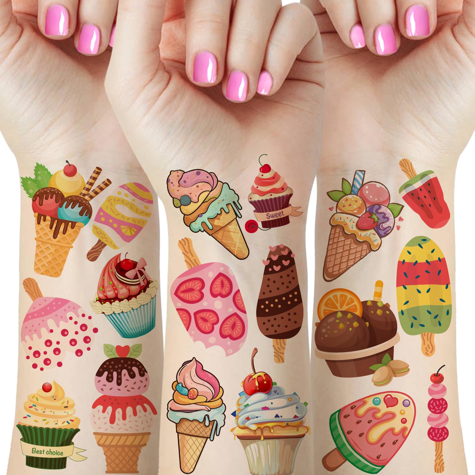 40 Unique Designs - 12 Sheets Ice Cream Temporary Tattoos - Perfect for Ice Cream Party Favors & Decorations