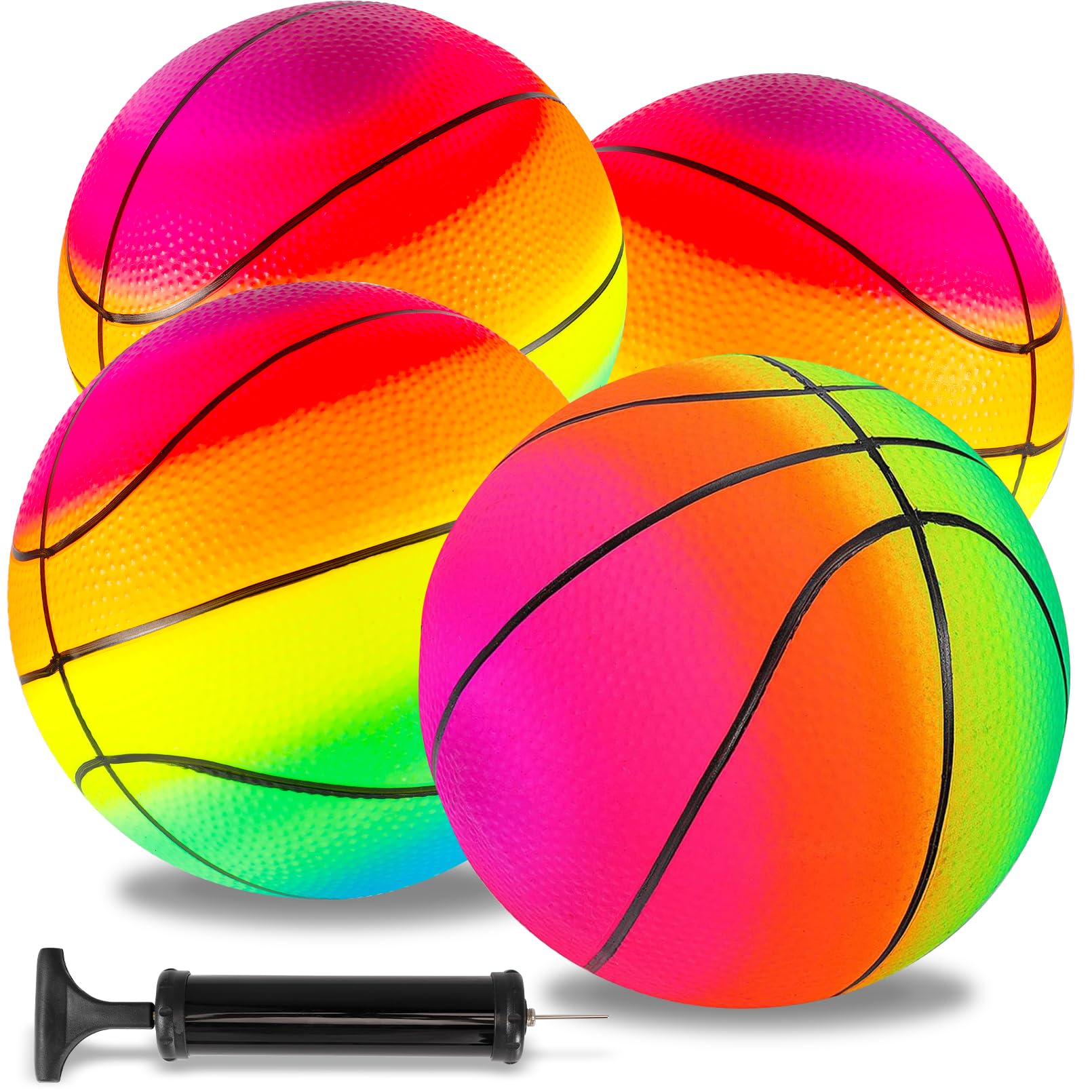 Jeffbaubl 4Pcs Playground Balls,Rainbow Balls Kickballs with 1 Hand Pump,8.5 Inch Inflatable Playground Ball Kick Balls Handball,Colorful Dodgeball for Kids Adults Indoor Outdoor Games (Basketball)