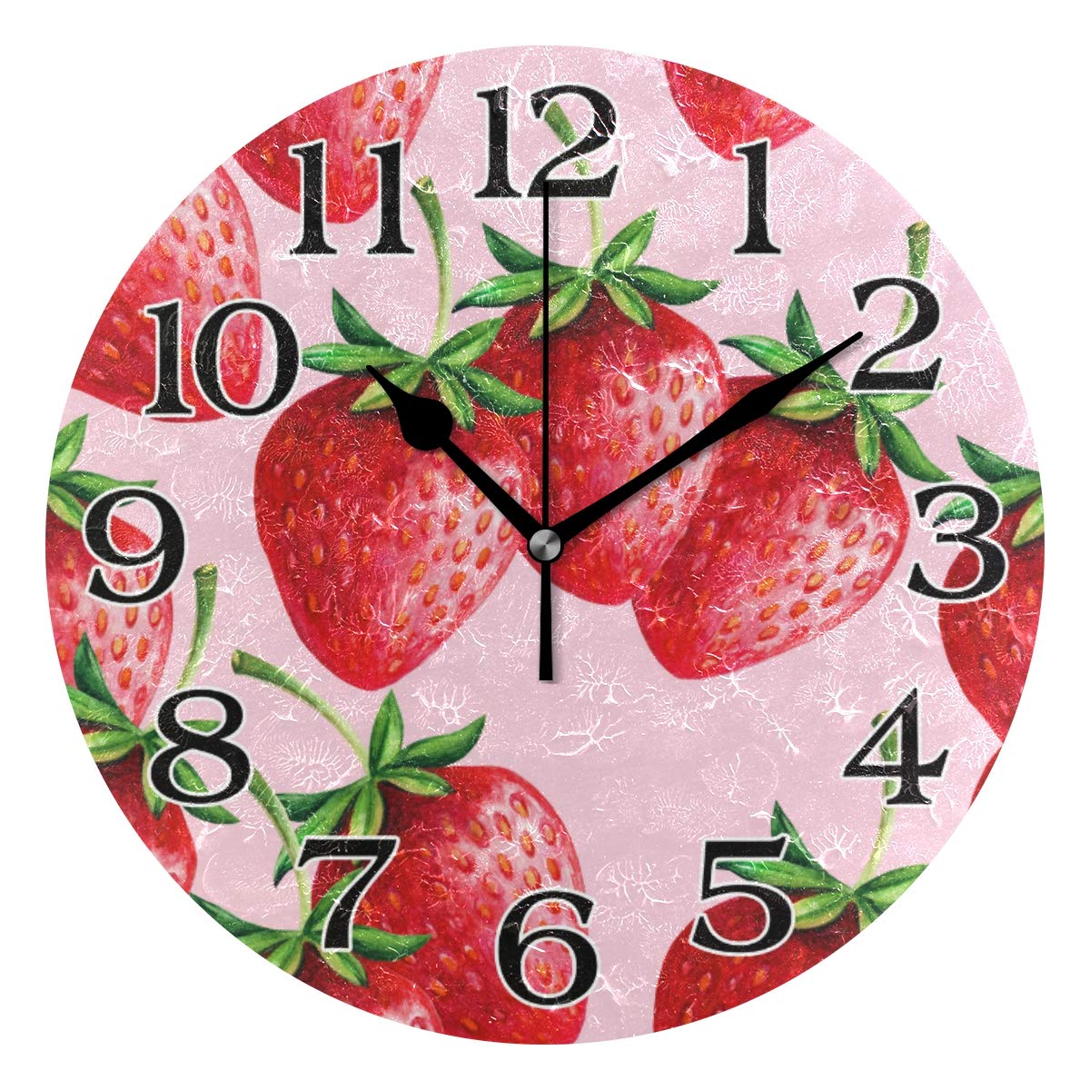 linomo Red Strawberry Wall Clock Decor, Silent Non Ticking Round Clock Quiet for Kitchen Living Room Bedroom Bathroom Office