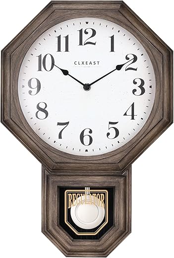 CLXEAST Pendulum Wall Clock, Large Schoolhouse Regulator Pendulum Wall Clocks for Living Room Decor,Dark Grey Oak Finished Plastic,House Warming Gifts New Home,12 W x 17.5 H