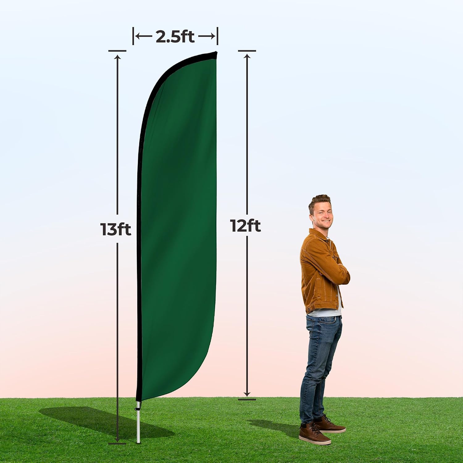 LookOurWay Feather Flag Pole Kit - 12 Feet Tall Advertising Flag Banner with Fiberglass Pole Kit and Ground Spike for Business Promotion - Solid Color Flags - Dark Green