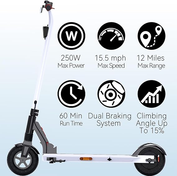 QnQ Electric Scooter - eKickScooter for Teens, 250W Motor, 15.5 mph Top Speed, Rear Foot Brake, Folding E-Scooter for Riders up to 220 lbs, UL-2272 Certified, White