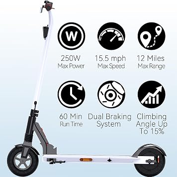 QnQ Electric Scooter - eKickScooter for Teens, 250W Motor, 15.5 mph Top Speed, Rear Foot Brake, Folding E-Scooter for Riders up to 220 lbs, UL-2272 Certified, White