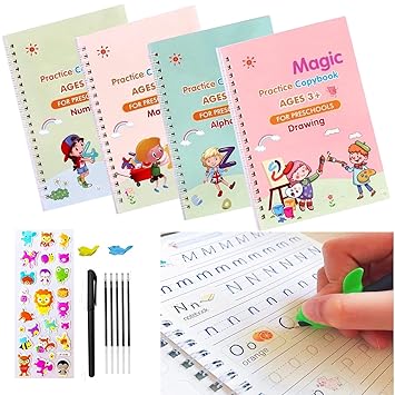 Magic Practice Copybook for Kids, Calligraphy Pens, Calligraphy Set for Beginners, Reusable Calligraphy for Kids, Handwriting Practice Copybook for Preschoolers (Four Copybook and Magic Pens)
