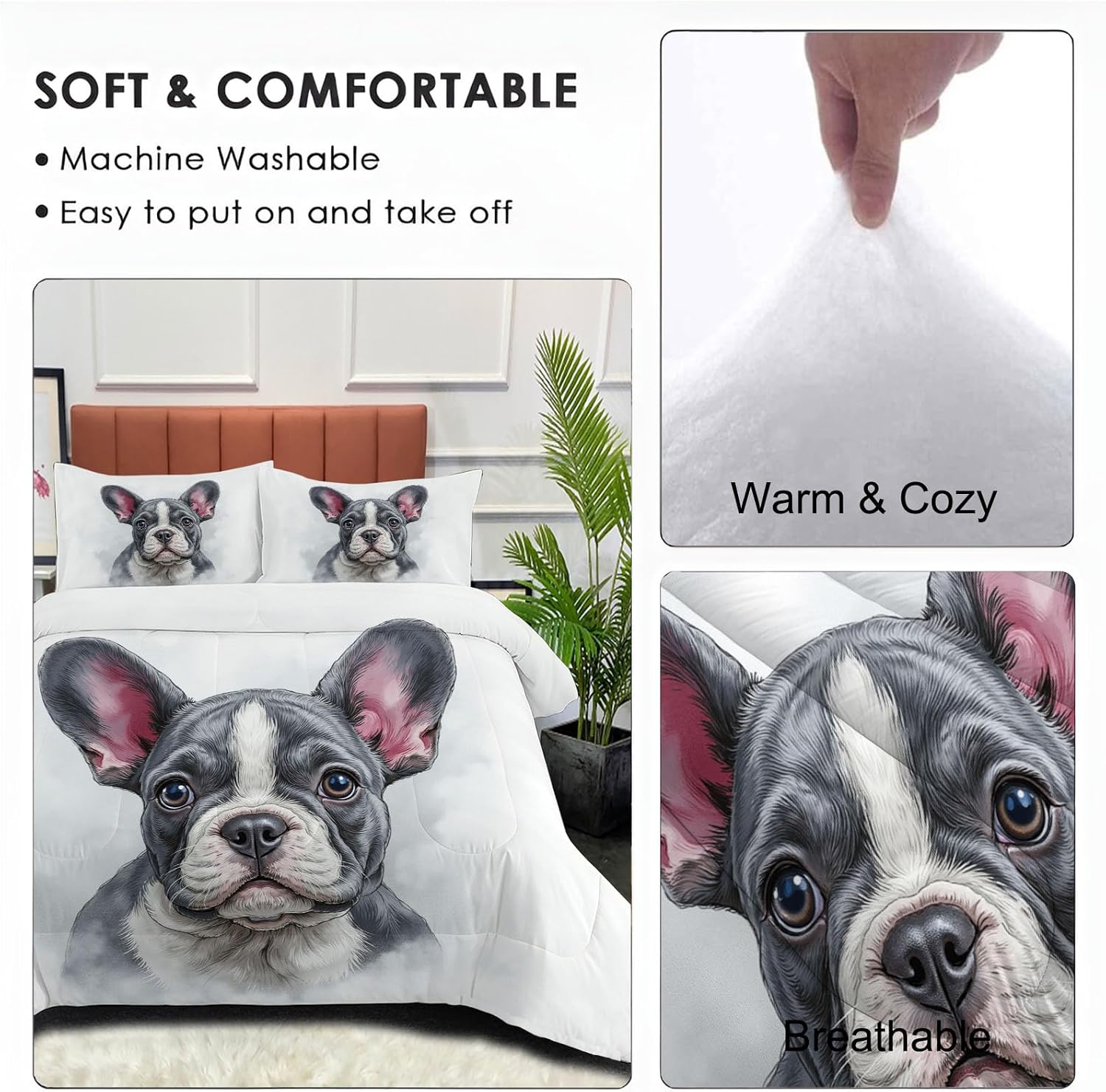 Realistic Animals Comforter Set King Size, Bulldog Portrait Bedding Set for Girls Boys, Grey Quilt Bed 104"X90" Bedding Comforter Sets with 2 Pillowcase Room Decor