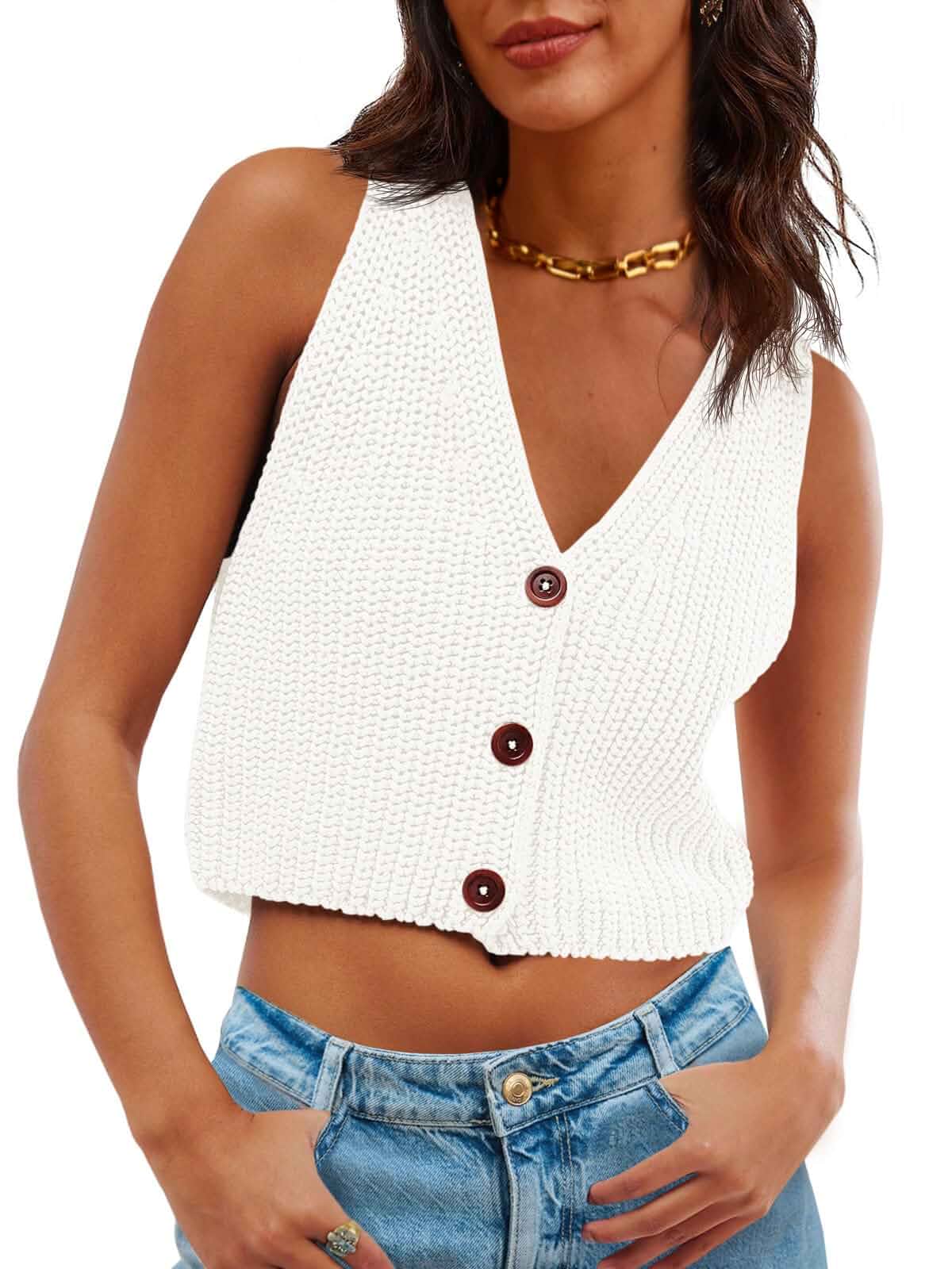 Saodimallsu Womens Cropped Sweater Vest V Neck Button Down Y2k Crop Knit Summer Trendy Sleeveless Chunky Tank Tops Sleeveless
