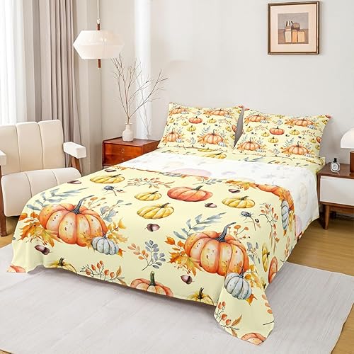 Erosebridal Juego de sábanas de calabaza de otoño, tamaño Queen, sábanas de cosecha de otoño para niños y niñas, decoración de dormitorio, juego de