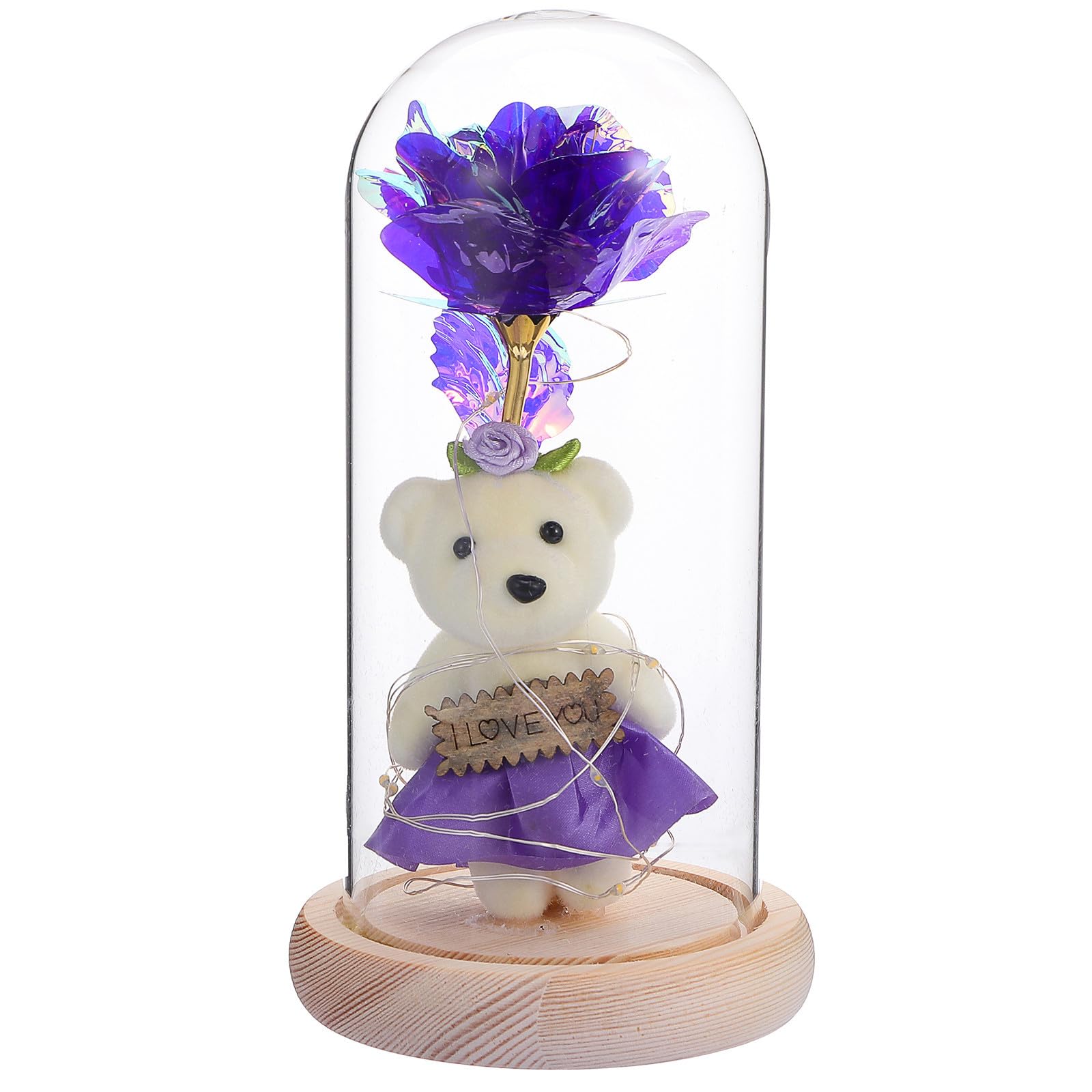 Lámpara de rosa preservada COMPUKAS con luz LED decorativa y cúpula de vidrio sobre base de madera