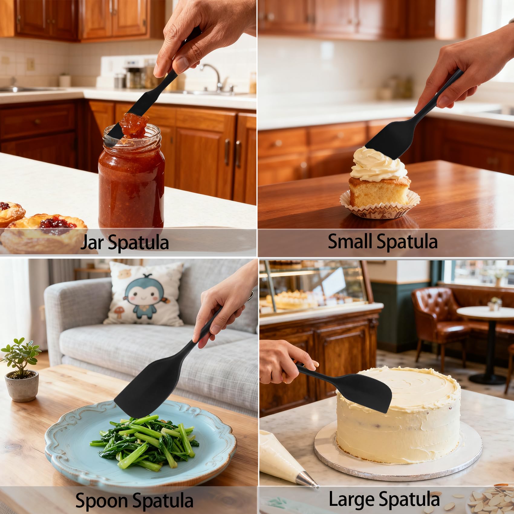 Silicone Spatula Set, Food Grade Rubber Spatula, 4 Pcs Heat Resistant Silicone Spatulas, One Piece Design Non-Stick Kitchen Utensils for Cooking, Stirring, Baking & Mixing, Dishwasher Safe (Black) — Amazon image 7
