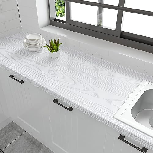 Miniatura 4 de VEELIKE Papel de contacto de madera blanca de 15.7 x 354 pulgadas, papel tapiz de madera con textura plateada, autoadhesivo, extraíble, impermeable,