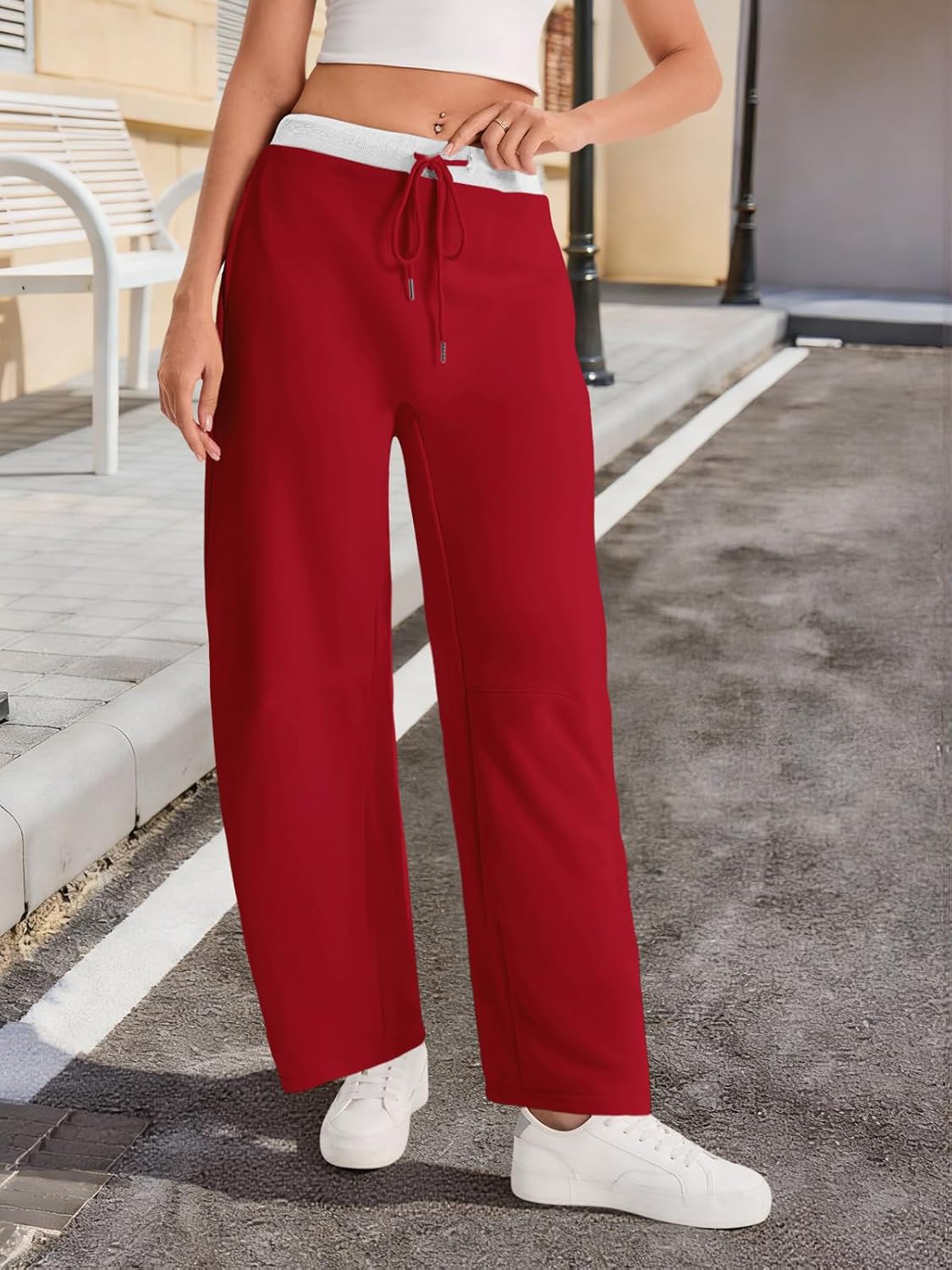 Fisoew Womens Wide Leg Sweatpants Baggy Drawstring Elastic Waisted Travel Track Pants Color Block Joggers with Pockets - Image 3