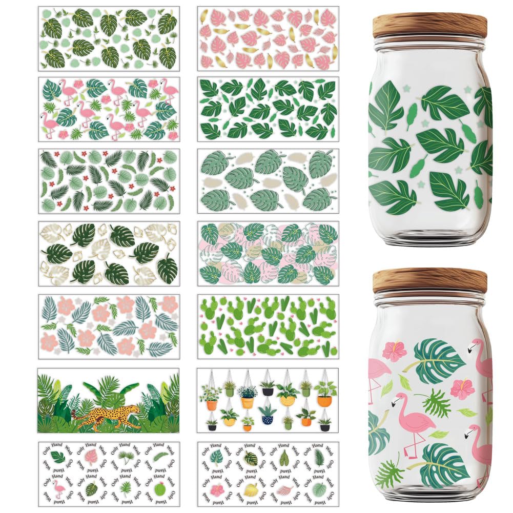 GOMAKERER 14 Pcs UV DTF Cup Wraps, Green Leaves Cup Wraps Decal Waterproof Transfers Stickers Rub on Transfers for Glass Cups DIY Crafts Furniture Decorations — image 1