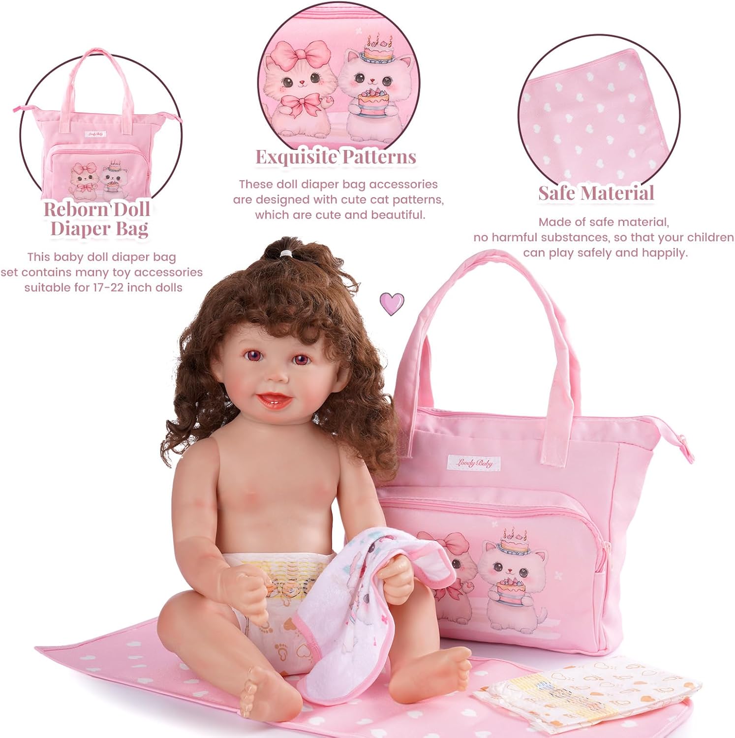 BABESIDE 5 Pcs Baby Doll Diaper Bag Set, Cute Cat Patterns Baby Doll Accessories with Pink Dolls Diaper Bag Changing Pad and Dolls Towel, Pretend Play Toys for Girls