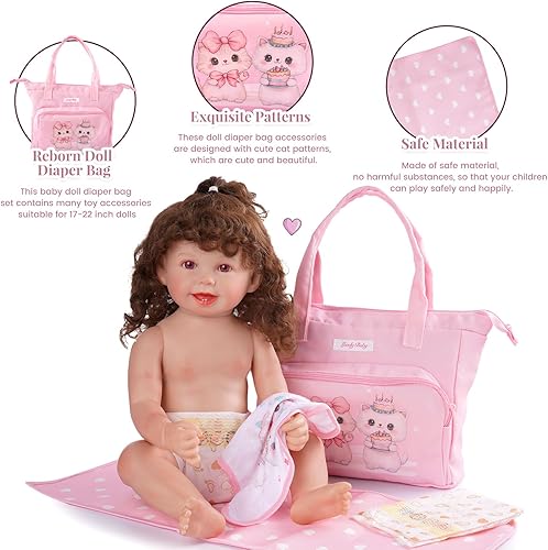Miniatura 3 de BABESIDE Juego de 5 bolsas de pañales para muñecas de bebé, bonitos patrones de gato, accesorios para muñecas de bebé, bolsa de pañales rosa,