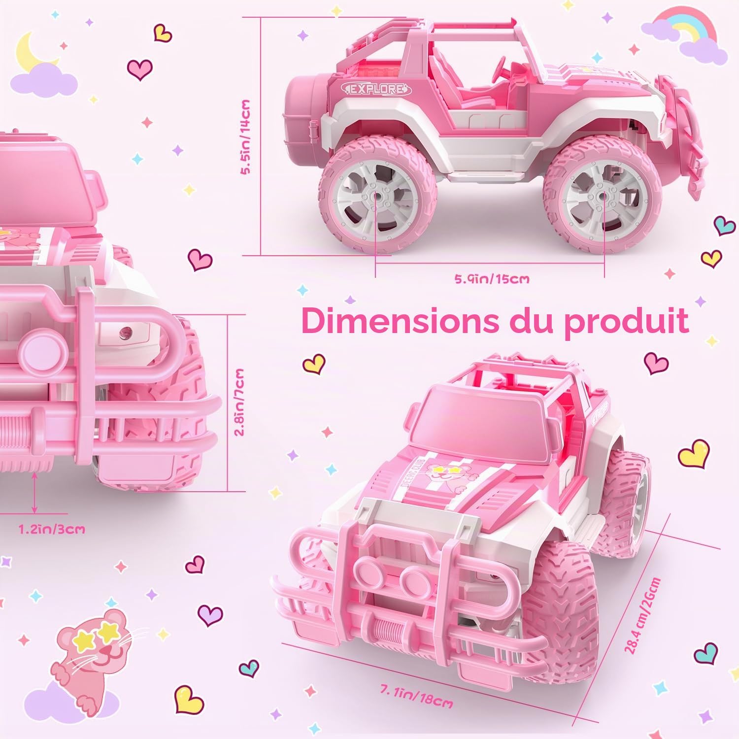 DEERC 1:18 Jeep Rose Voiture télécommandée Fille Phare LED 2.4GHz Monster Truck Voiture Tout-Terrain pour 6 7 8 9 Ans Garçons et Filles RC Voiture Jouet Cadeau Filles 6 Ans et Plus
