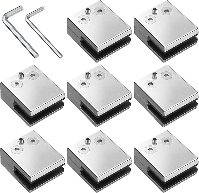 Proster Glass Clamps 8 PCS 9-10mm M Size Stainless Steel 304 Glass Clamps Adjustable Glass Bracket Flat Back for Balustrade Staircase Handrail Polished