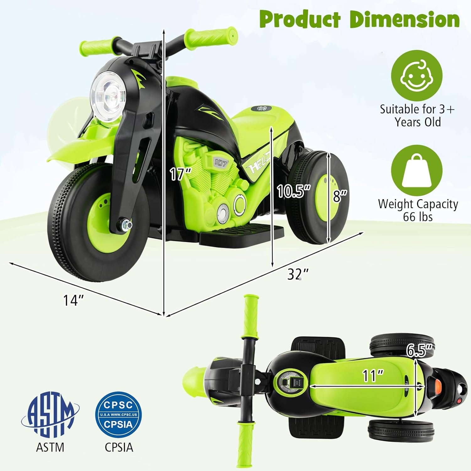 Costzon Kids Motorcycle, 6V Battery Powered Ride on Motorcycle with Bubble Maker, Music, LED Headlight, Forward & Backward, 3 Wheels Electric Motorcycle for Kids, Gift for Boys & Girls (Green)