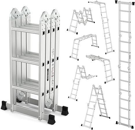 LUISLADDERS Folding Ladder Multi-Purpose Aluminium Extension 7 in 1 Step Heavy Duty Combination EN 131 Standard (12.5 Feet)