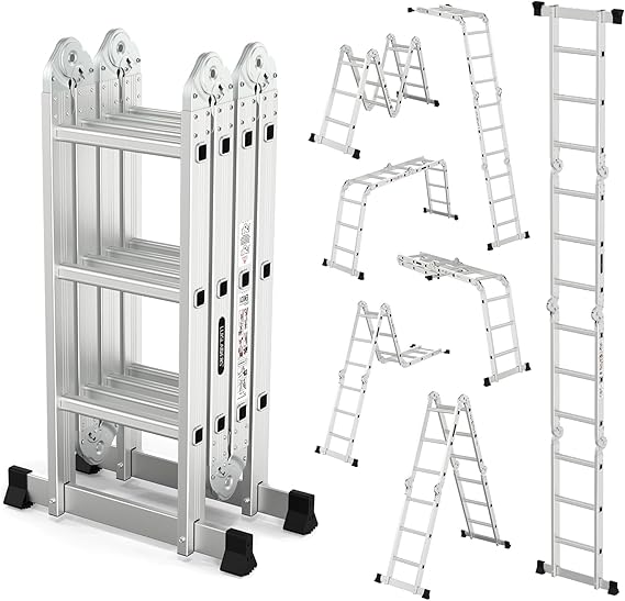 LUISLADDERS Folding Ladder Multi-Purpose Aluminium Extension 7 in 1 Step Heavy Duty Combination EN 131 Standard (12.5 Feet)