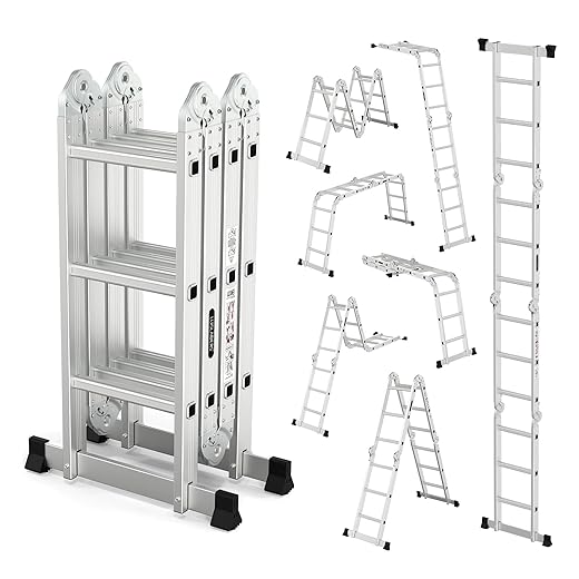 LUISLADDERS Folding Ladder Multi-Purpose Aluminium Extension 7 in 1 Step Heavy Duty Combination EN 131 Standard (12.5 Feet)