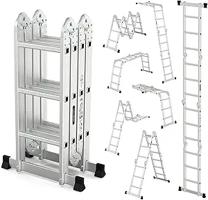 LUISLADDERS Folding Ladder Multi-Purpose Aluminium Extension 7 in 1 Step Heavy Duty Combination EN 131 Standard (12.5 Feet)