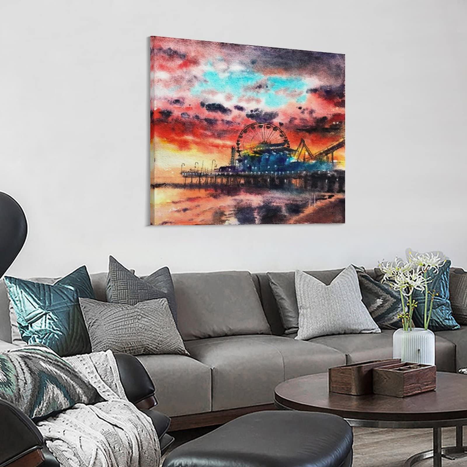 Santa Monica Pier at Sunset Oil Painting Ferris Wheel Coastal