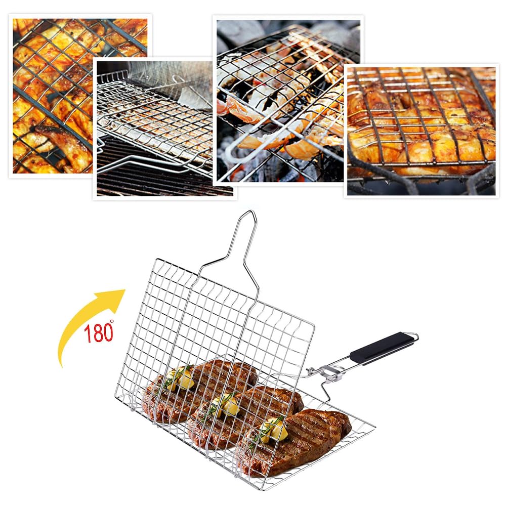 Panier de barbecue - En acier inoxydable - Portable - Pliable - Avec poignée amovible - Pour barbecue en plein air - Poisson - Légumes