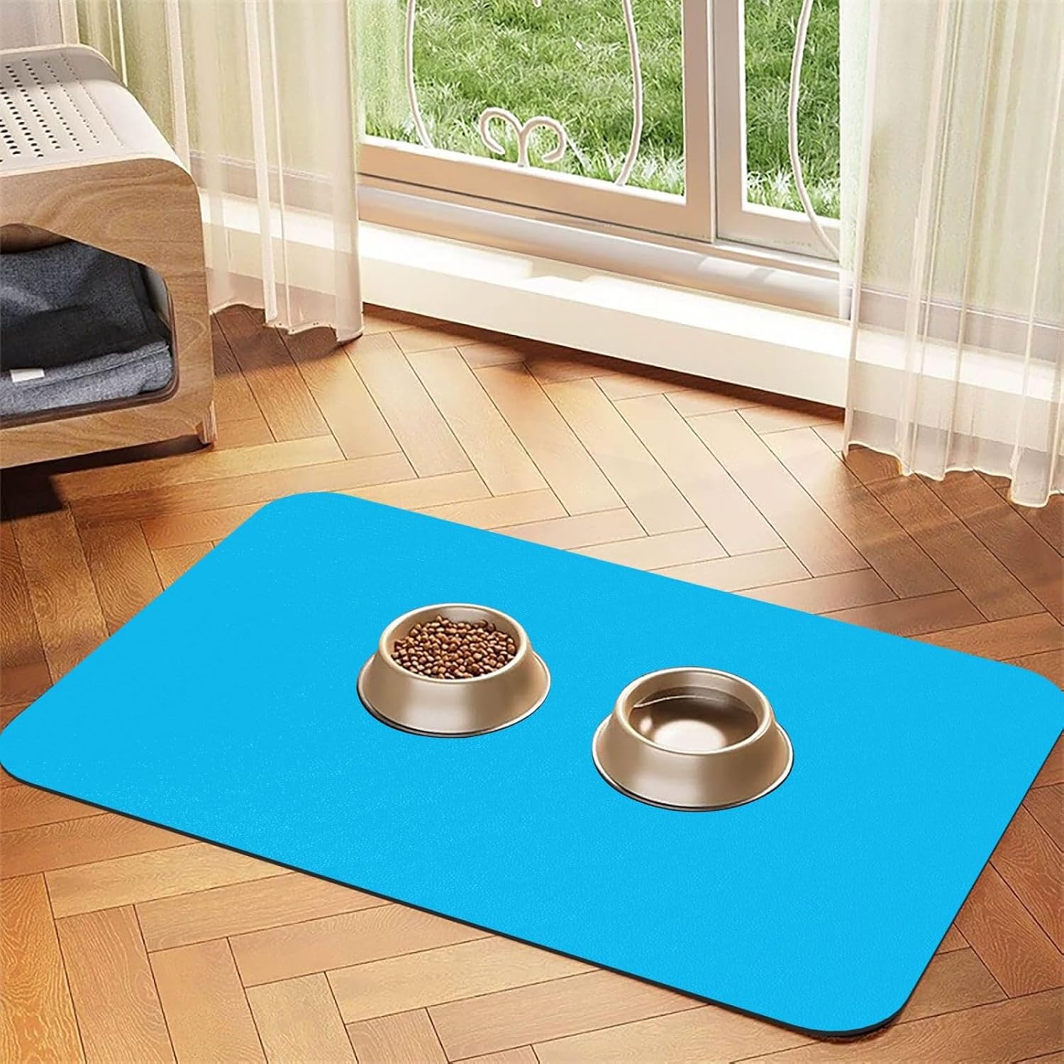 30x45cm Solid Color Light Blue Print Pet Absorbent Feeding Mat - Quick Dry Food Pad/Leather Placemat, for Dog Cat Food Bowl Water