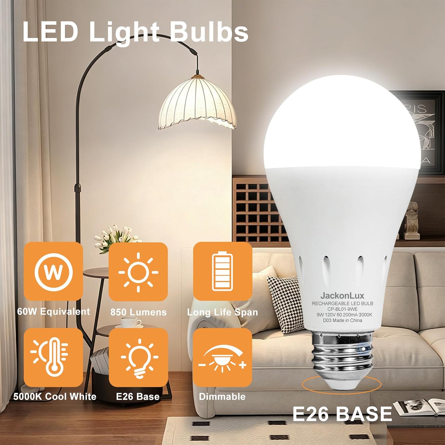 JackonLux Rechargeable Emergency LED Bulb Multi-Function Battery Backup Emergency Light for Power Outage Camping Outdoor Activity Hurricane (4, White-5000K-4PK)