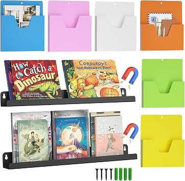 MFTEK Magnetic File Holder 6Pack and 2 Pack Magnetic Bookshelf for Whiteboard Classroom, Hanging Locker File Organizer Floating Book Display Shelf for Teacher Kids Room, Office Classroom Supply